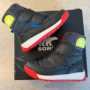 Sorel Kids' Whitney II Winter Boots Black and Red Boots with Blue Accents